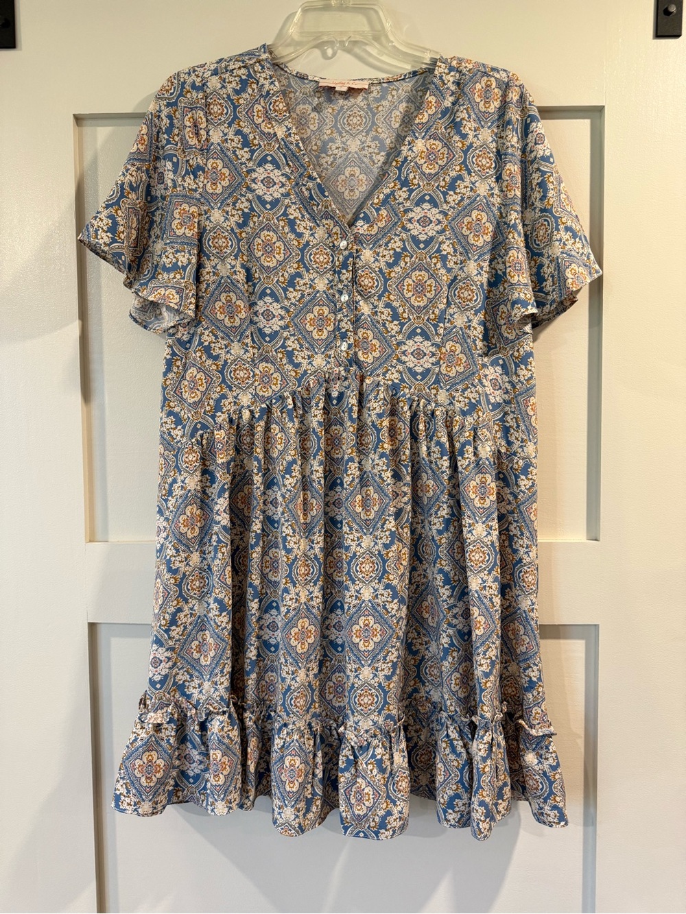 Hailey & Co Blue Floral Mosaic Short Sleeve Tiered Dress